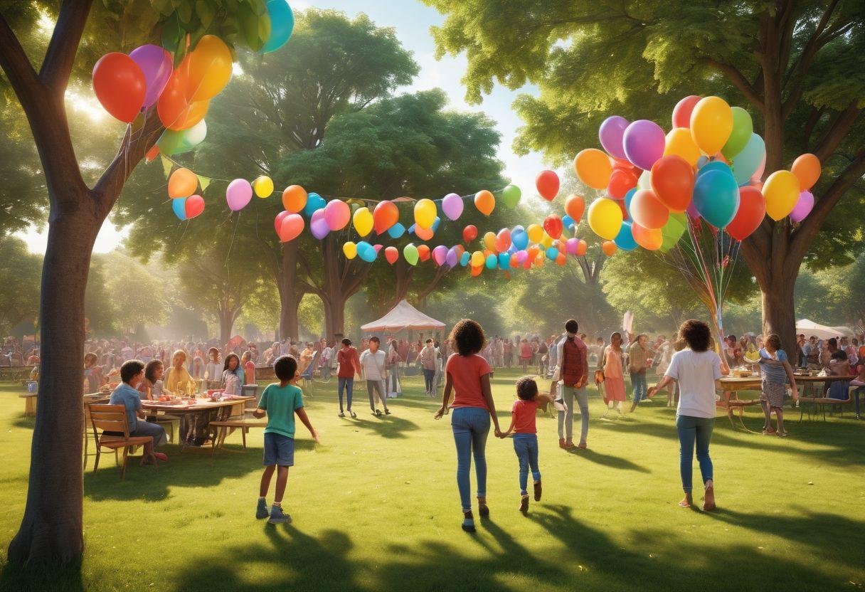 A vibrant community gathering scene with people of diverse backgrounds joyfully interacting, sharing stories, and smiling amidst a lush park setting. Colorful balloons and banners add a festive touch, while children play nearby, embodying the essence of connection and happiness. Gentle sunlight filters through the trees, creating a warm and inviting atmosphere. super-realistic. vibrant colors. 3D.