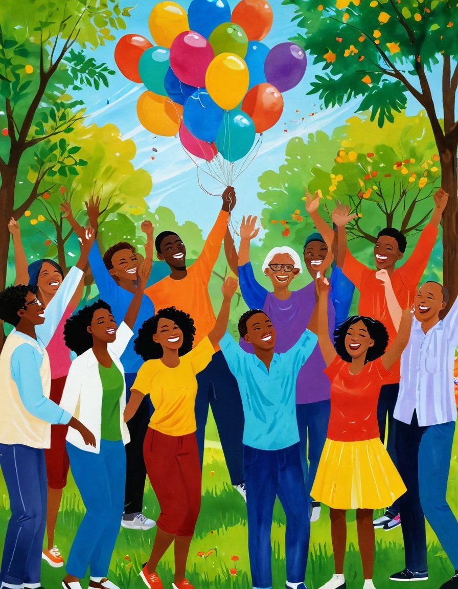 A vibrant scene depicting a diverse group of people joyfully celebrating together at a community event, surrounded by colorful banners and balloons. Include elements of teamwork, laughter, and shared activities, with a background filled with cheerful nature such as trees and flowers. Infuse a warm, inviting atmosphere that conveys connection and happiness. bright colors. expressionist painting. lively and dynamic.