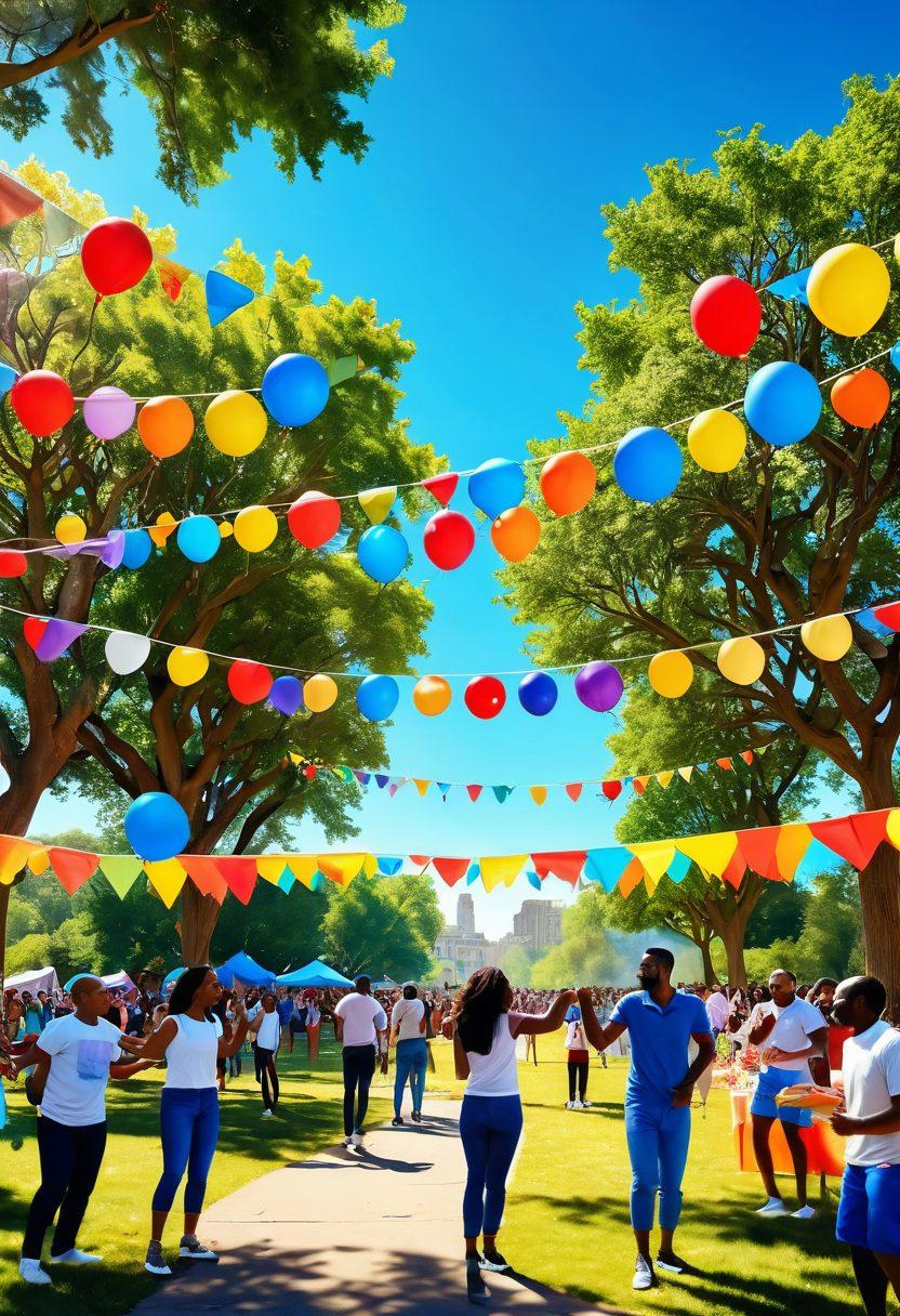 A vibrant community gathering scene with diverse individuals engaging in various activities like dancing, sharing food, and playing music under colorful banners. Incorporate elements of joy, connection, and celebration, with decorations like balloons and flowers. Include a background of a sunny park setting with trees and a clear blue sky to evoke a sense of togetherness and warmth. vibrant colors. 3D. festive atmosphere.